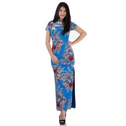 Blue Qipao Dress with Peony Floral Design