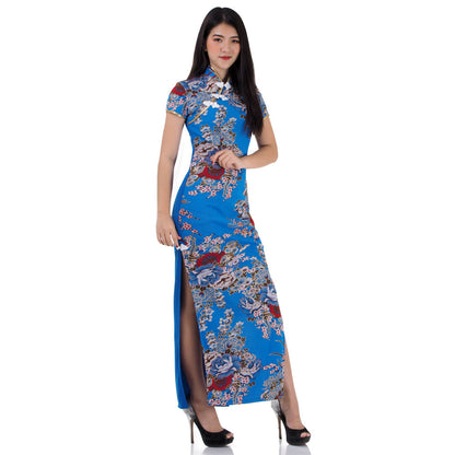 Blue Qipao Dress with Peony Floral Design