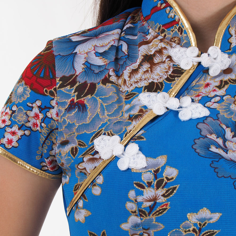 Blue Qipao Dress with Peony Floral Design