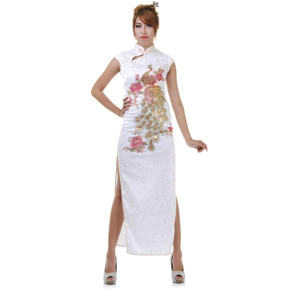 White Chinese Peacock Embroidered Qipao Dress Princess of Asia White Chinese Peacock Embroidered Qipao Dress Princess of Asia